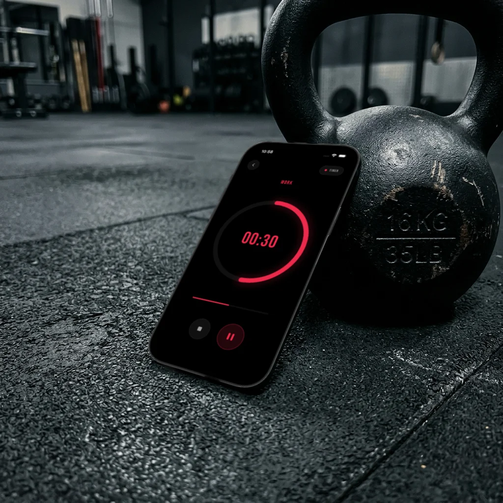 RIFT App AMRAP and EMOM timer on phone at the gym